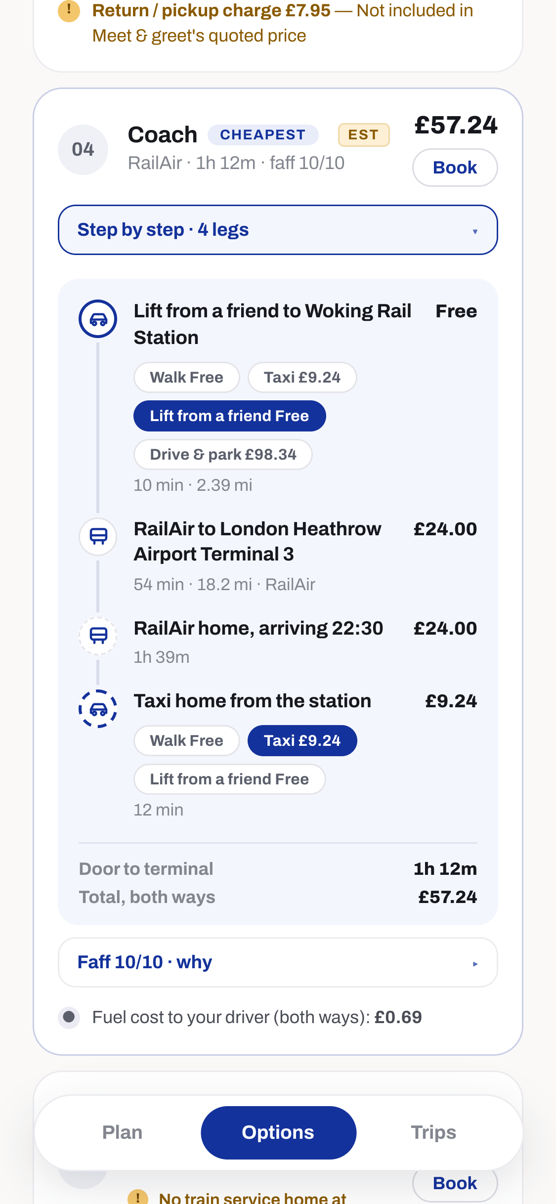 An expanded journey breakdown for the coach option: a lift to Woking Rail Station, the RailAir coach to Heathrow Terminal 3, the return coach, and a taxi home from the station. The access leg offers walk, taxi, lift and drive and park at £98.34 as selectable alternatives.